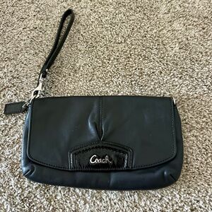 Coach Black Leather Wristlet Clutch with Logo Accent
